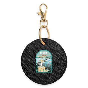 Christ the King Lisbon: View of the 25th of April Bridge over the Tagus River - Round Keyring - black - Front
