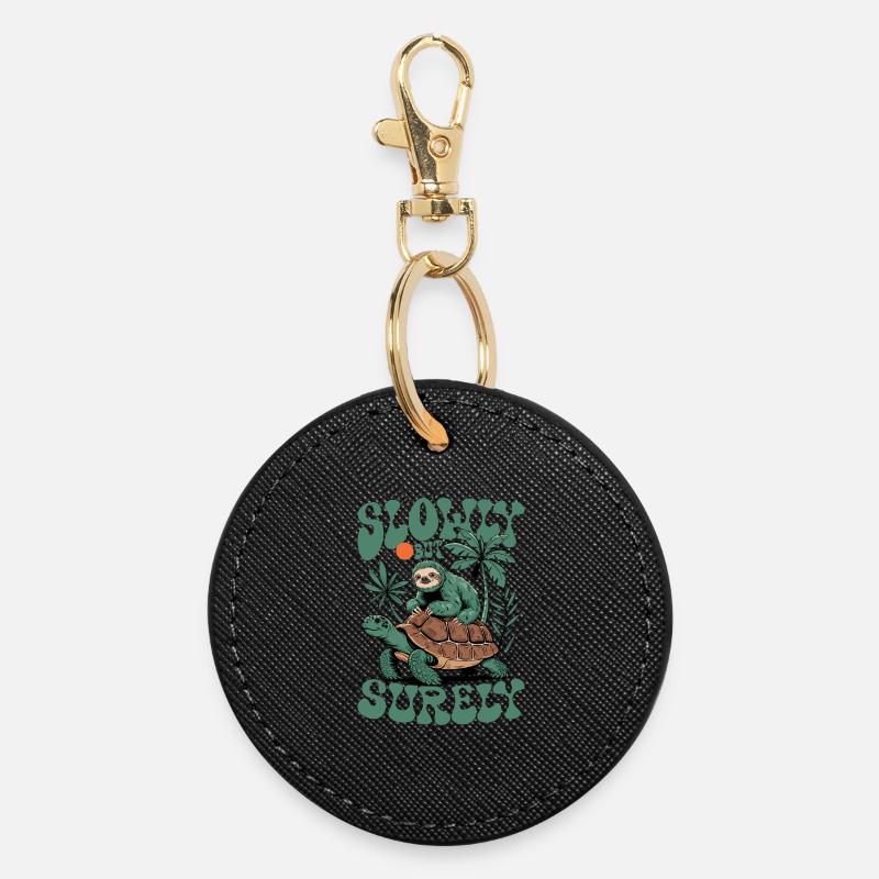 Slowly But Surely Tortoise And Sloth - Round Keyring - black