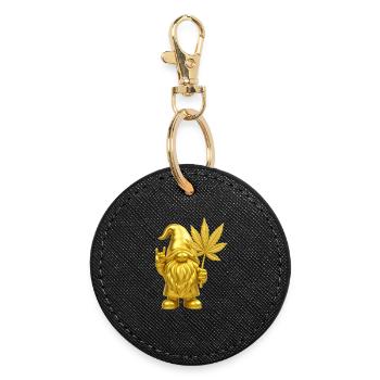 Goldener Zwerg mit Hanfblatt - Cannabis - Weed - Runder Schlüsselanhänger - Schwarz - Vorne
