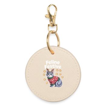 Chat de Noël festif félin avec des bois - Porte-clés rond - huître - Devant