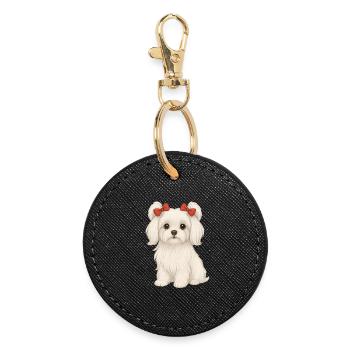 Maltese dog with red bows - Round Keyring - black - Front