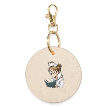 Cat Shoulder Reading Librarian Book Club T-Shirt - Round Keyring - oyster - Front