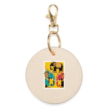 Golden Colorful Elephants on Yellow Background - Round Keyring - oyster - Front