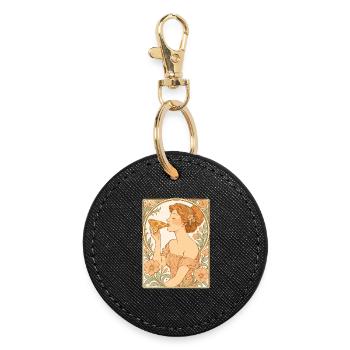 Elegant Pizza Girl Illustration in Art Nouveau St - Round Keyring - black - Front