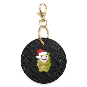 Cheerful green monster celebrating Christmas - Round Keyring - black - Front