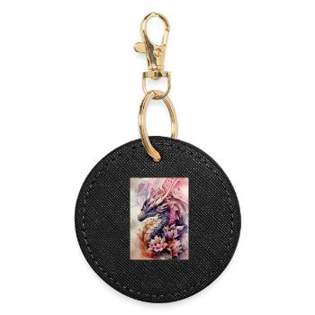 Dragon Aquarelle Fleurs Fantaisie - Porte-clés rond - noir - Devant