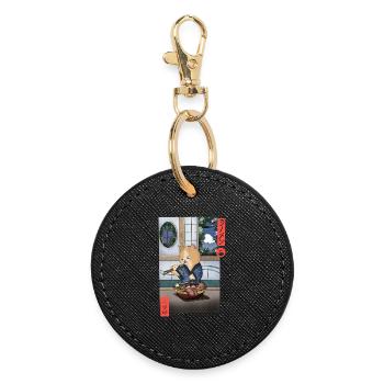 Kawaii Cat Eating Ramen Shirt - Round Keyring - black - Front