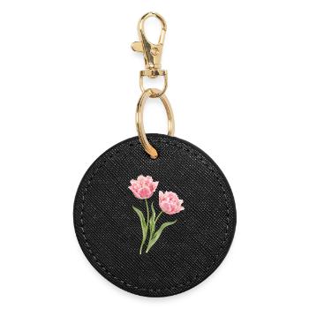 Motif floral de tulipes perroquets roses - Porte-clés rond - noir - Devant
