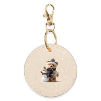 Un ours en peluche construit un bonhomme de neige - Porte-clés rond - huître - Devant