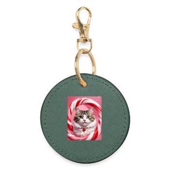 Chat de Noël en conception d’anneau de bonbons - Porte-clés rond - vert sapin - Devant