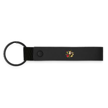 Goldener Chihuahua mit bunten Hunde-Accessoires - Matte PU Schlüsselanhänger - Schwarz - Vorne