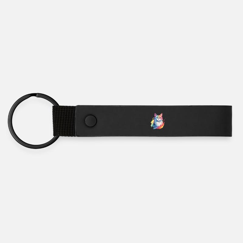Rainbow Cat – Malerische Regenbogen-Katze - Matte PU Schlüsselanhänger - Schwarz