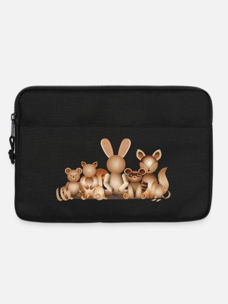 Illustration in Holzoptik – Verspielte Tiergruppe - Laptoptasche 13" - Schwarz