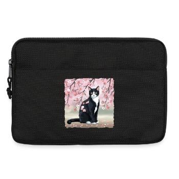 Kirschblüten-Katze: Rosa-Blüten, Schwarze Katze - Laptoptasche 13" - Schwarz - Vorne