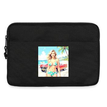 Femme sur la plage avec une voiture classique - Sacoche pour ordinateur portable 13 pouces - noir - Devant