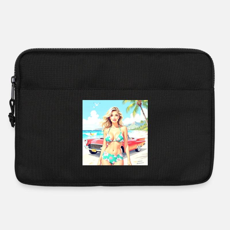 Frau am Strand mit Oldtimer - Laptoptasche 13" - Schwarz