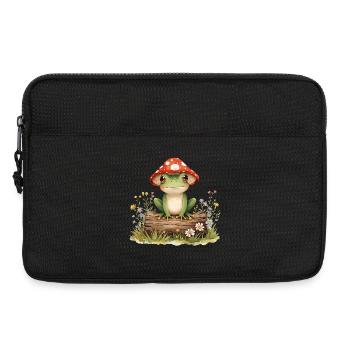Watercolor frog with mushroom hat on tree trunk - Laptop bag 13" - black - Front