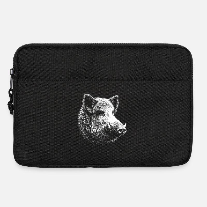 Wildschwein – Grafik mit weißem Bleistift auf schwarzem Hintergrund - Laptoptasche 13" - Schwarz