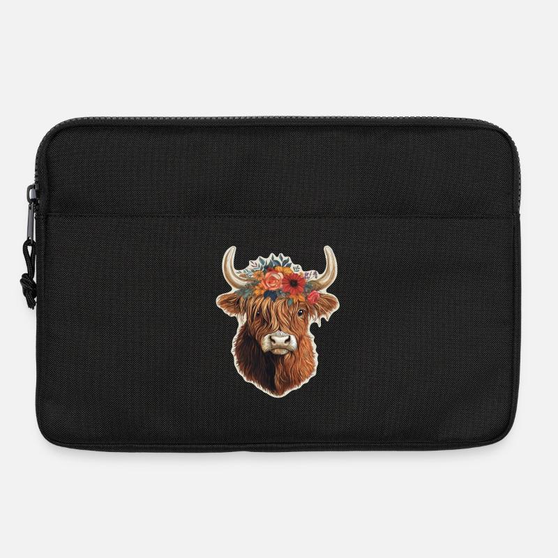 Hochlandrind mit Blumen - Laptoptasche 13" - Schwarz