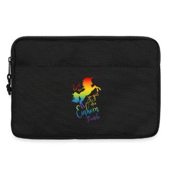 Einhorn satteln Spruch Regenbogen Silhouette bunt - Laptoptasche 13" - Schwarz - Vorne