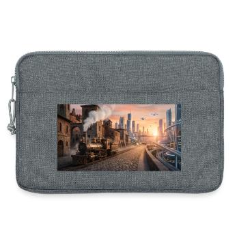 Voyage dans le temps : train à vapeur rétro et ville futuriste - Sacoche pour ordinateur portable 13 pouces - gris chiné - Devant