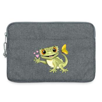 Gecko souriant drôle avec papillon et coeurs - Sacoche pour ordinateur portable 13 pouces - gris chiné - Devant