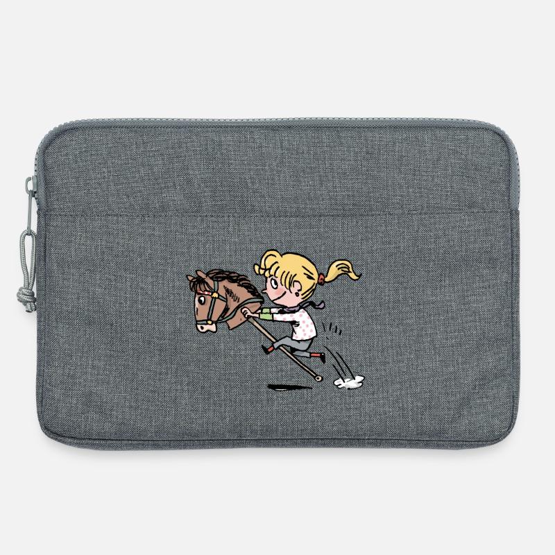 Fröhliches Mädchen reitet ein Steckenpferd - Laptoptasche 13" - Grau meliert
