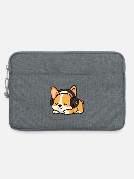 Niedlicher Corgi Hund Cartoon mit Kopfhörern Schlafen - Laptoptasche 13" - Grau meliert
