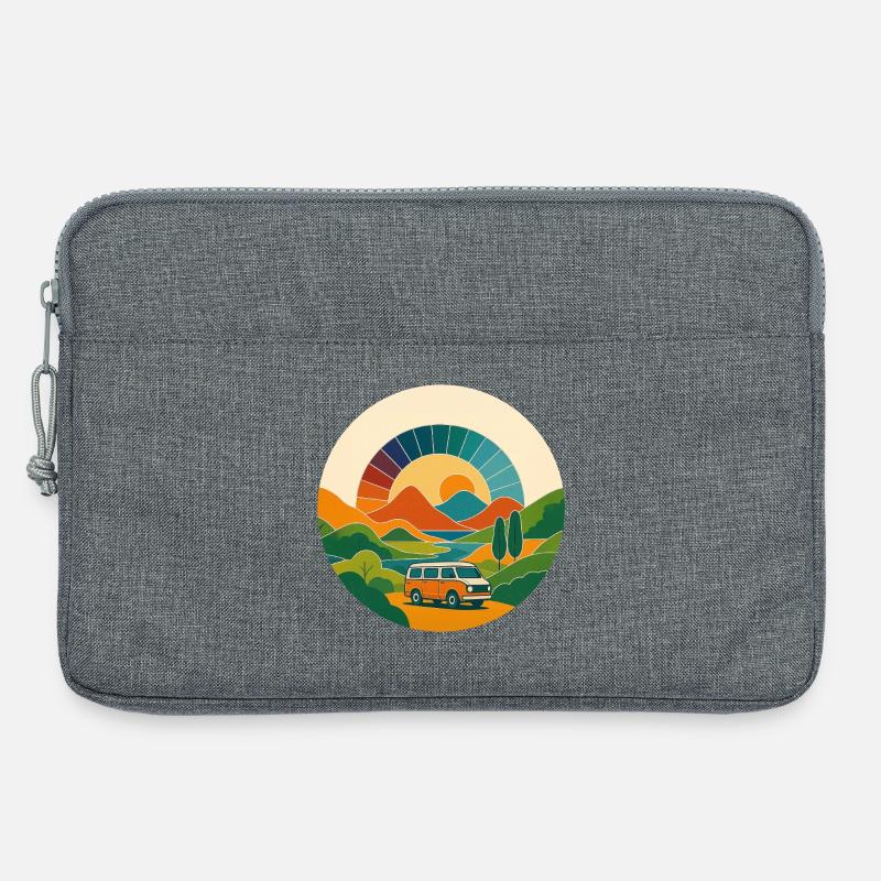 Retro Landschaft mit Van – Reise im Sonnenbogen - Laptoptasche 13" - Grau meliert