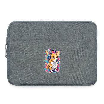 Corgi écoute de la musique - Sacoche pour ordinateur portable 15 pouces - gris chiné - Devant