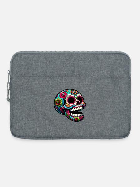 Bunte Totenkopf-Illustration mit Blumen - Laptoptasche 15" - Grau meliert
