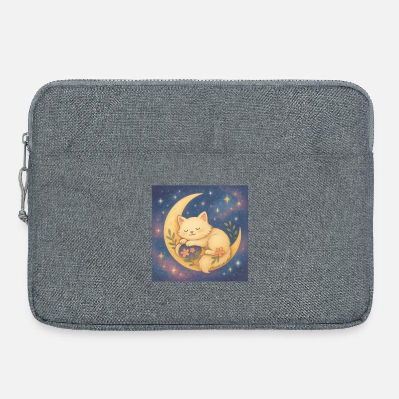 Schlafende Katze auf Mond in Sternenhimmel - Laptoptasche 15" - Grau meliert