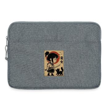 Fille courageuse avec katana et chat - Sacoche pour ordinateur portable 15 pouces - gris chiné - Devant