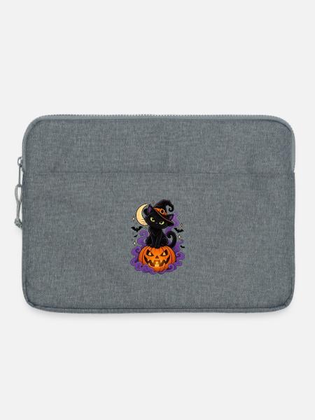 Schwarze Katzenhexe und Heller Kürbis - Laptoptasche 15" - Grau meliert
