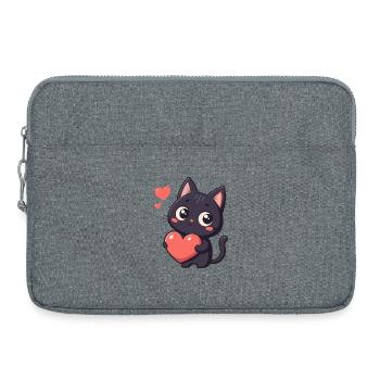 Chat noir cœur kawaii - Sacoche pour ordinateur portable 15 pouces - gris chiné - Devant
