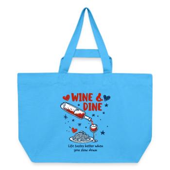 Wine and Dine – Pasta Love & Enjoyment Saying - Recycled Shopping Bag Stanley/Stella - aqua blue - Front