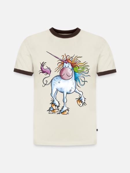 Regenbogen Einhorn - Slim Fit Männer Organic Contrast T-Shirt - Off-White/Dunkelbraun