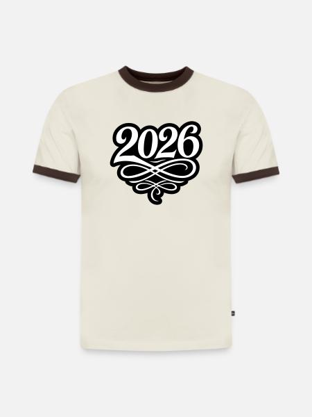 2026 Jahr - Slim Fit Männer Organic Contrast T-Shirt - Off-White/Dunkelbraun