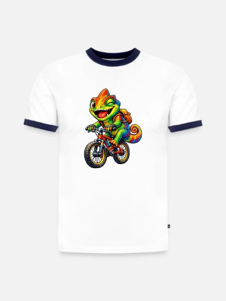 Caméléon à vélo - T-shirt contrasté homme slim fit en coton bio - blanc/bleu marine