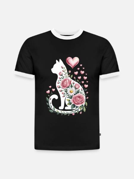Blumenkatze Silhouette Rosen Herzen - Slim Fit Männer Organic Contrast T-Shirt - Schwarz/Weiß