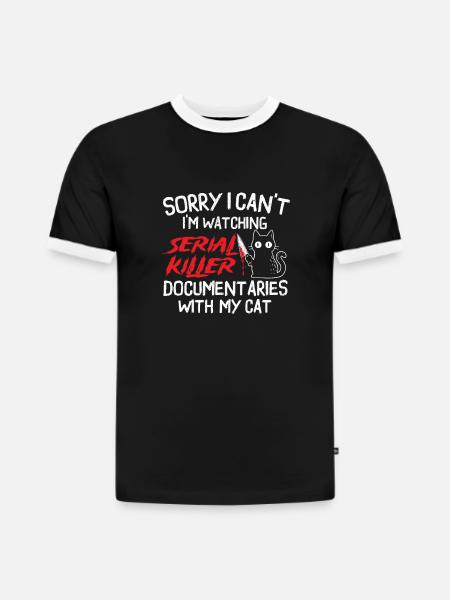 Watching Serial Killer Docs With Cat - Slim Fit Men's Organic Contrast T-Shirt - black/white