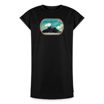 Illustration in blue and green of Mont Saint Michel - Women's Premium Organic T-Shirt Dress - black - Front - AI Model Female 172 light (172cm)