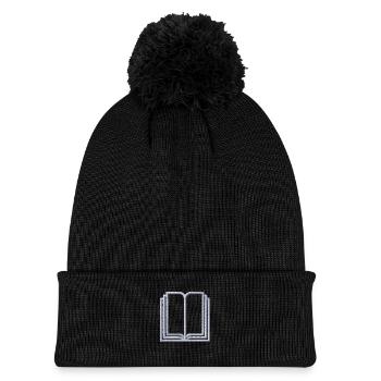 Buch bestickt - Strickmütze mit Bommel - Schwarz - Vorne