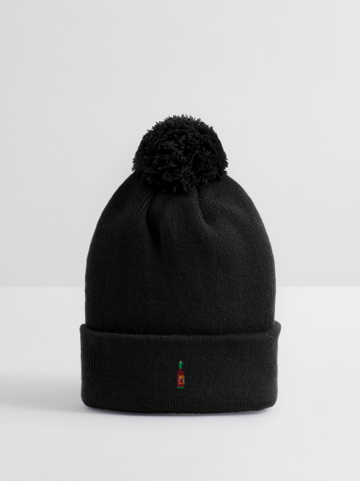 Weinflasche bestickt - Strickmütze mit Bommel - Schwarz - Vorne