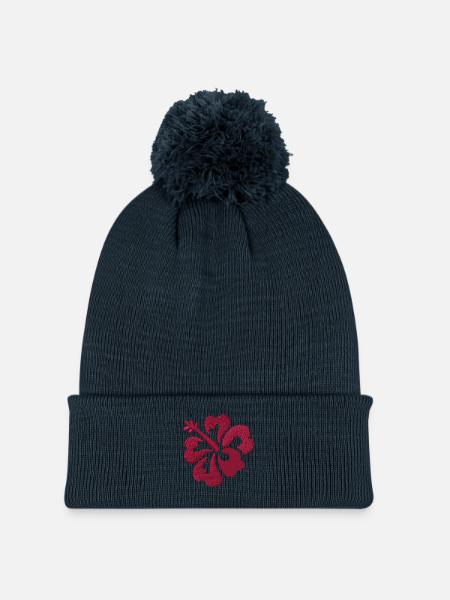 Blume bestickt - Strickmütze mit Bommel - Navy