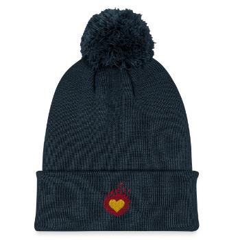Burning heart embroidered - Knitted hat with pompom - navy - Front