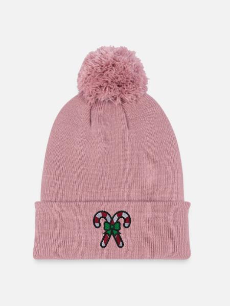 Weihnachtssüßigkeiten bestickt - Strickmütze mit Bommel - Altrosa