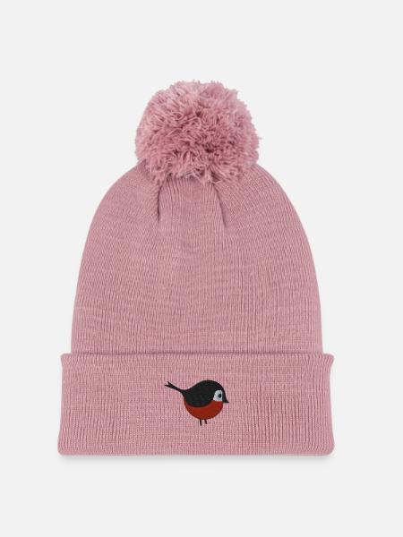 Vogel - Strickmütze mit Bommel - Altrosa