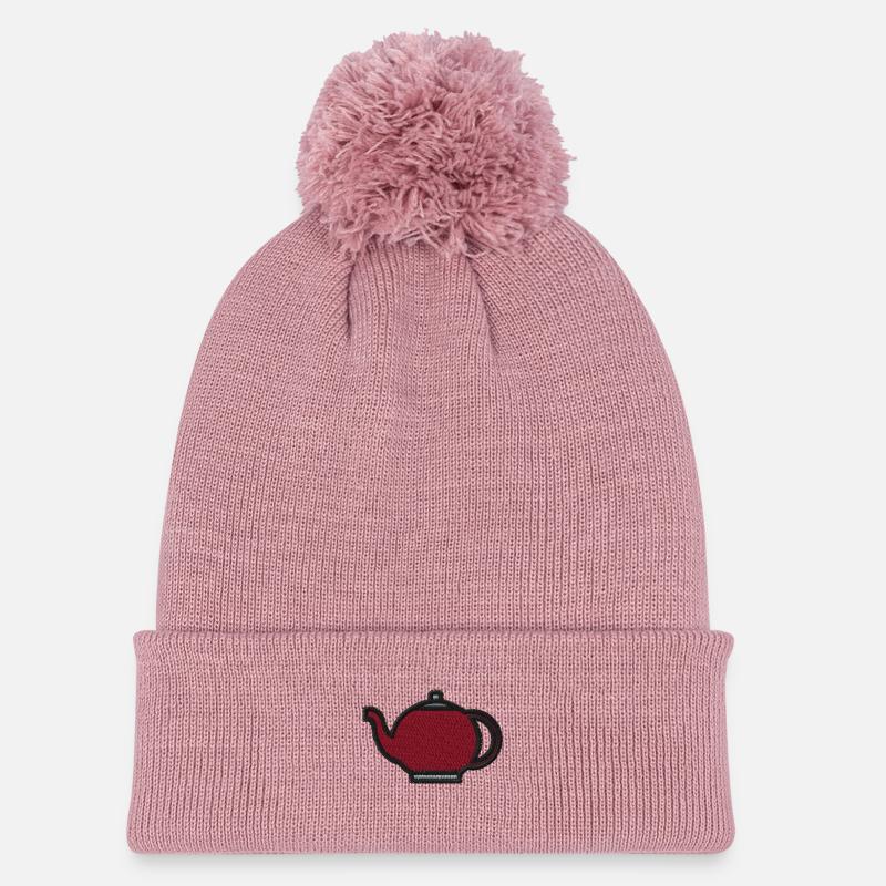 Tea kettle embroidered - Knitted hat with pompom - canyon pink