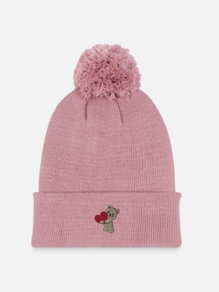 Teddybear mit Herz bestickt - Strickmütze mit Bommel - Altrosa